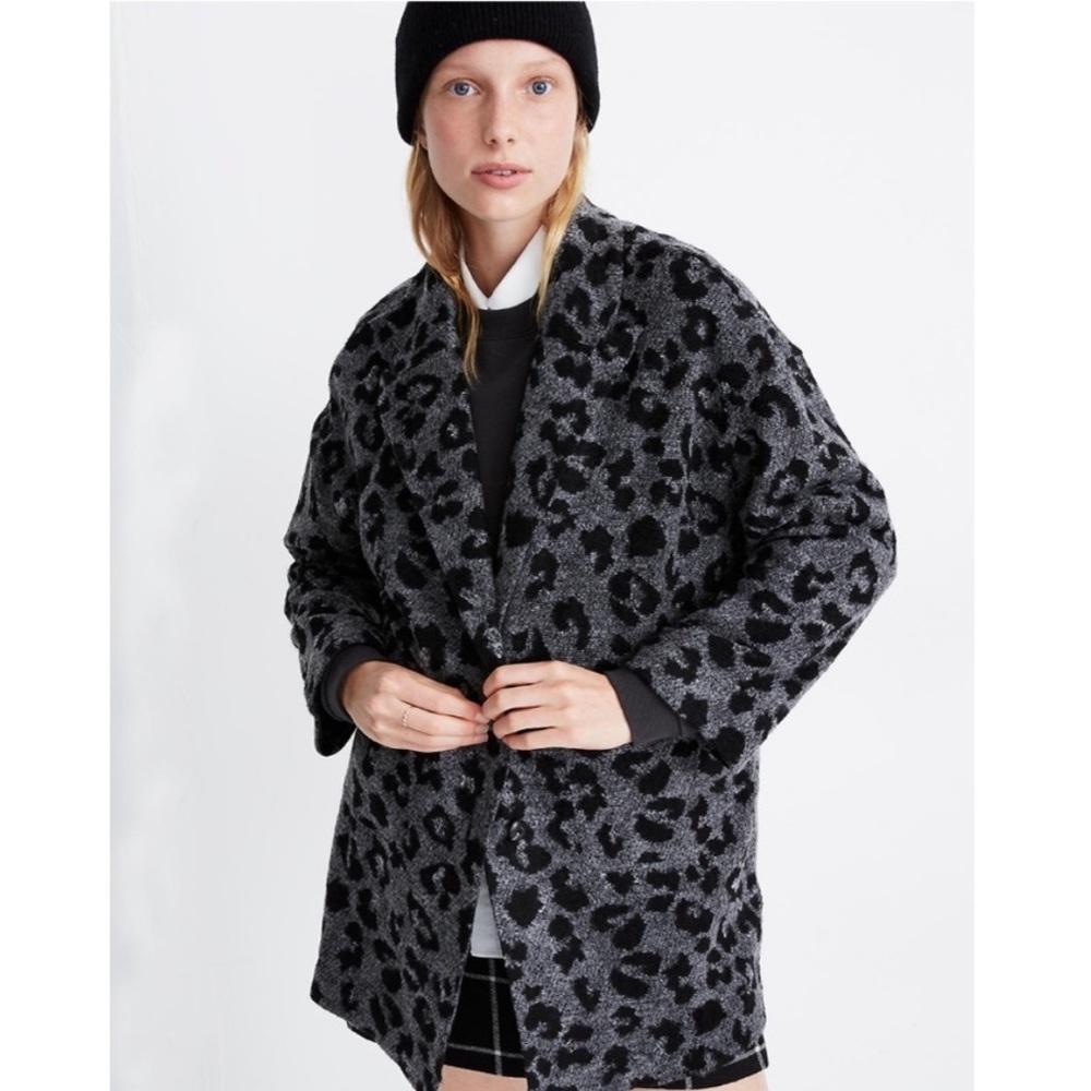 Madewell Gray and Black Leopard Print Fuzzy Woven Coat